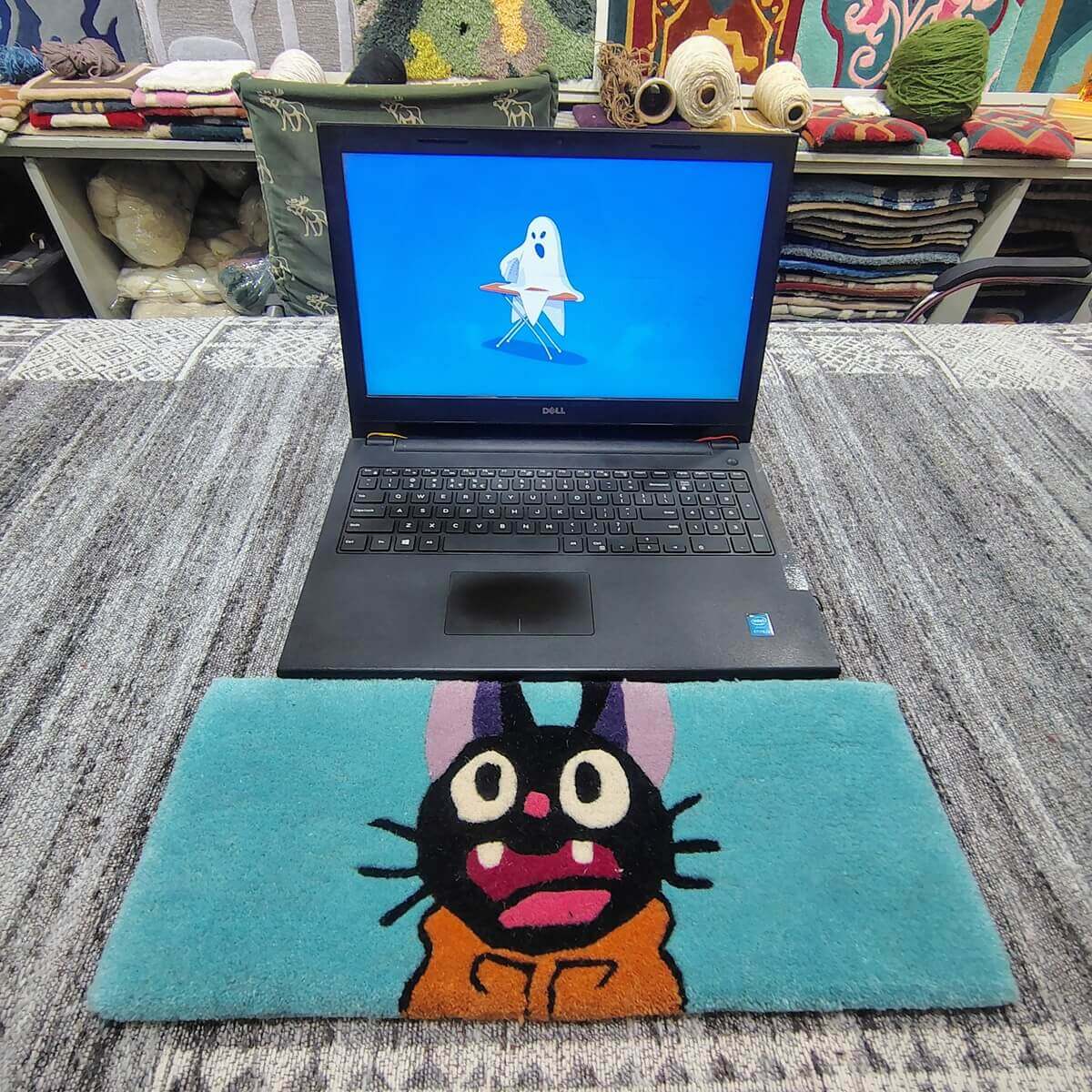 Black Cat Blue Cartoon Keyboard Rug image 1