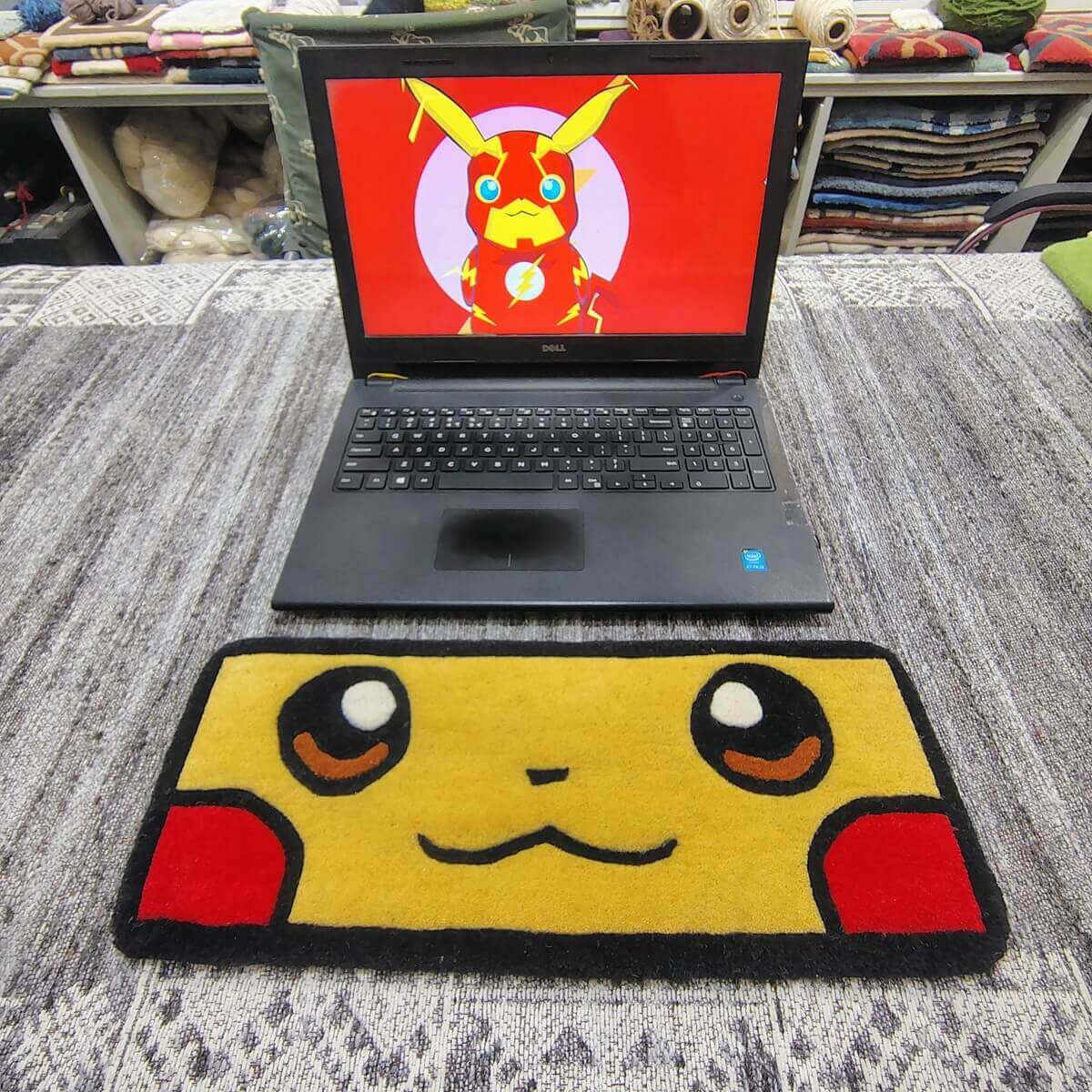 Yellow Pikachu table top rug made from premium wool by SnugRugz India