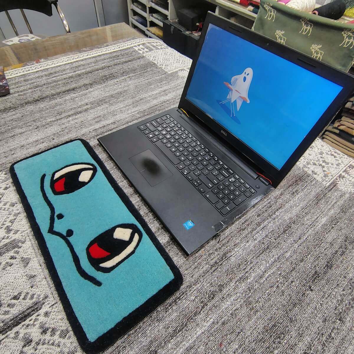 Close-up of premium wool pile on Squirtle Pokémon desk rug by SnugRugz