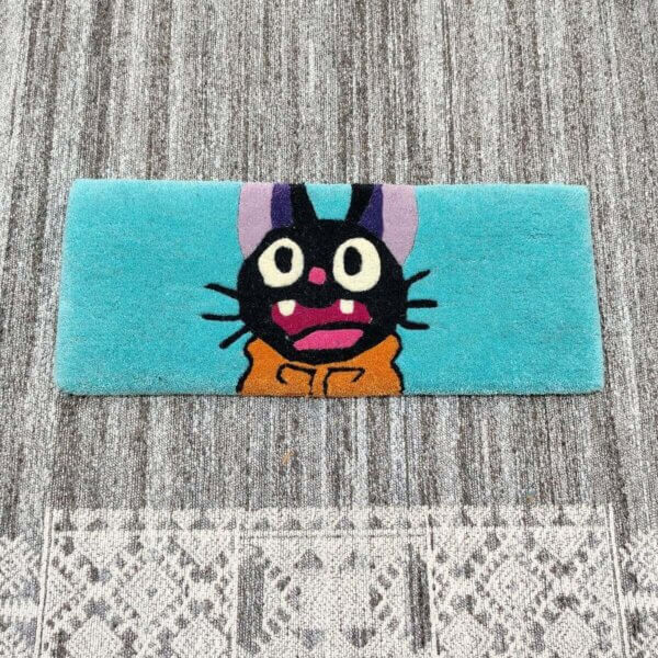 Black Cat Blue Cartoon Keyboard Rug Close up